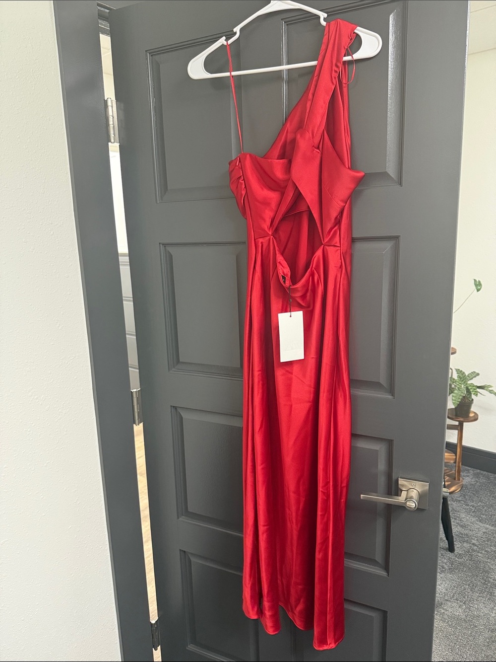 Zara One-Shoulder Red Satin Gown - Picture 3 of 5